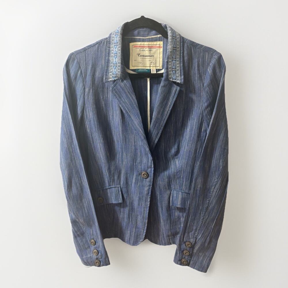 Cartonnier Anthropologie Women's Blue Embroidered Cotton Linen Blazer Size 6